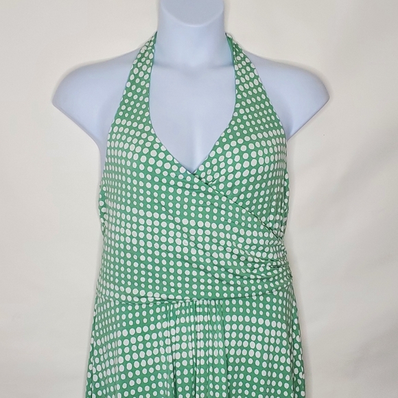 Boden Halter Neck Midi Dress Size 14 Polka Dot Green and White Stretch Viscose - Picture 3 of 15